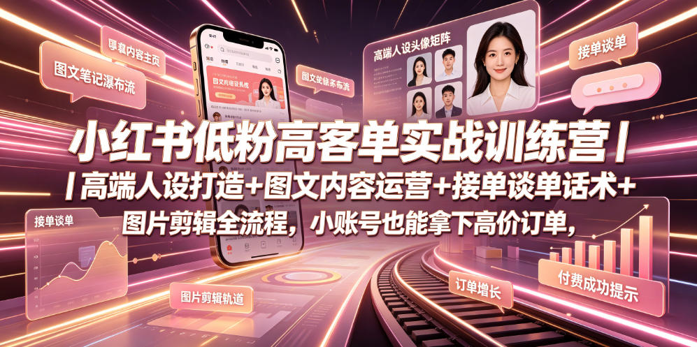 小红书低粉高客单实战训练营｜高端人设打造+图文内容运营+接单谈单话术+图片剪辑全流程，小账号也能拿下高价订单-资源后花园