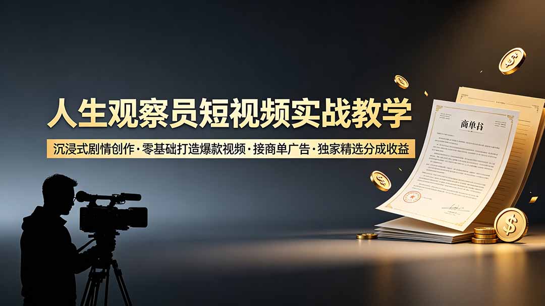 人生观察员短视频实战教学，沉浸式剧情创作，零基础打造爆款视频，接商单广告，独家精选分成收益-资源后花园