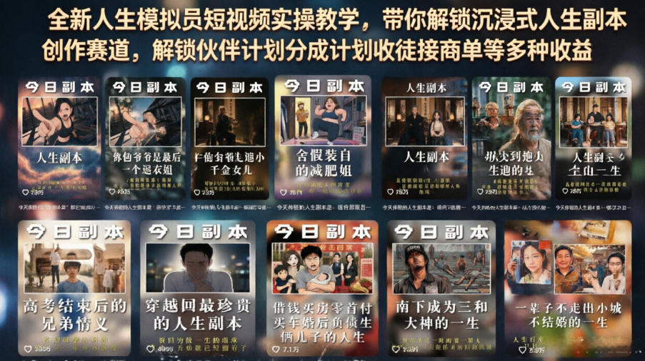 全新人生模拟员短视频实操教学，带你解锁沉浸式人生副本创作赛道，解锁伙伴计划分成计划收徒接商单等多种收益-资源后花园