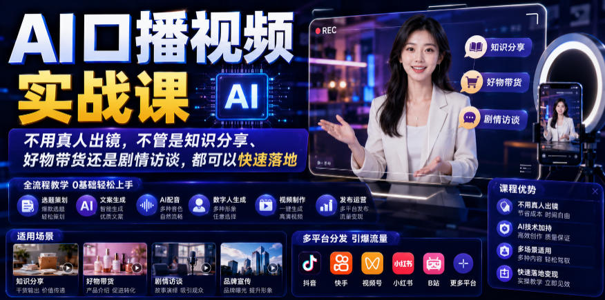 AI口播视频实战课，不用真人出镜，不管是知识分享、好物带货还是剧情访谈，都可以快速落地-资源后花园