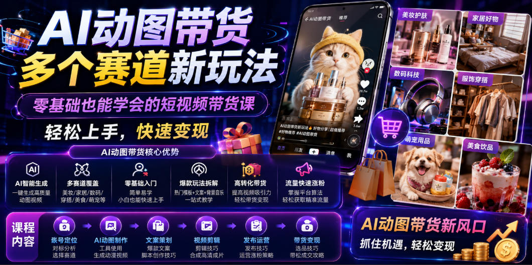 AI动图带货多个赛道新玩法，零基础也能学会的短视频带货课，轻松上手，快速变现-资源后花园