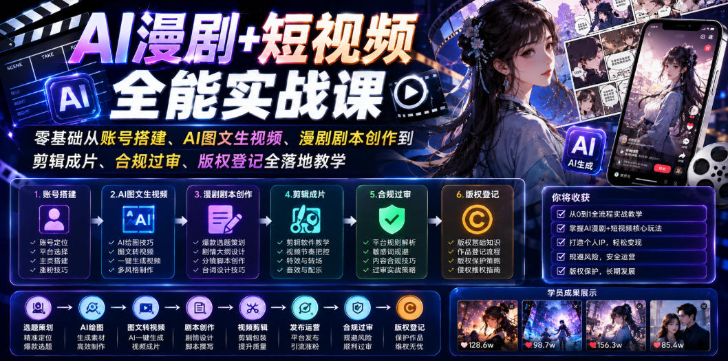 AI漫剧+短视频全能实战课｜零基础从账号搭建、AI图文生视频、漫剧剧本创作到剪辑成片、合规过审、版权登记全落地教学-资源后花园