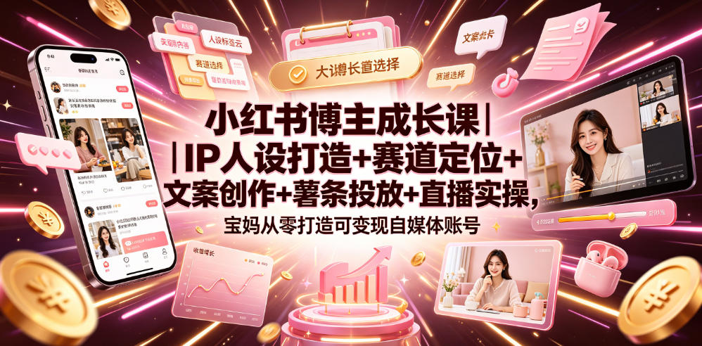 小红书博主成长课｜IP人设打造+赛道定位+文案创作+薯条投放+直播实操，宝妈从零打造可变现自媒体账号-资源后花园