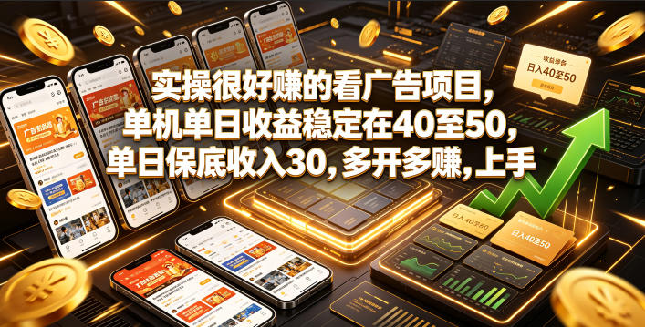 实操很好賺的看广告项目，单机单日收益稳定在40至50，单日保底收入30，多开多賺，上手就能变现【揭秘】-资源后花园