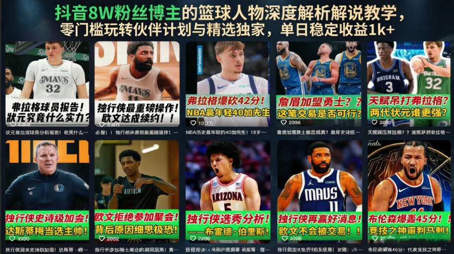 抖音8W粉丝博主的篮球人物深度解析解说教学，零门槛玩转伙伴计划与精选独家，单日稳定收益1k+-资源后花园