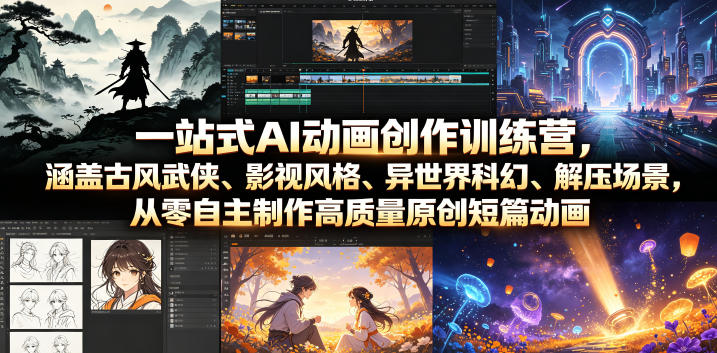 一站式AI动画创作训练营，涵盖古风武侠、影视风格、异世界科幻、解压场景，从零自主制作高质量原创短篇动画-资源后花园