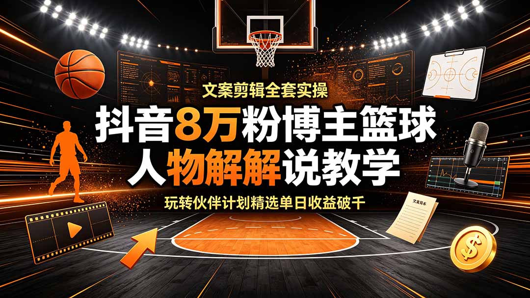 抖音8万粉博主篮球人物解说教学，文案剪辑全套实操，玩转伙伴计划精选单日收益破千-资源后花园
