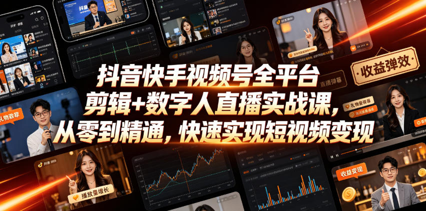 抖音快手视频号全平台剪辑+数字人直播实战课，从零到精通，快速实现短视频变现(更新2026年6月)​-资源后花园