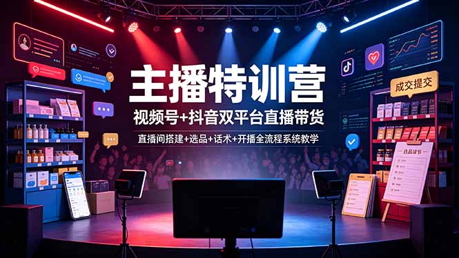 主播特训营：视频号+抖音双平台直播带货，直播间搭建+选品+话术+开播全流程系统教学-资源后花园