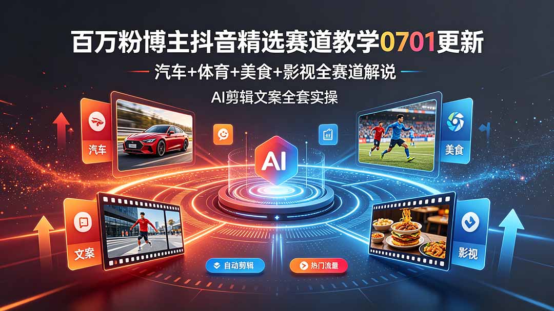 百万粉博主抖音精选赛道教学-0701更新，汽车+体育+美食+影视全赛道解说，AI剪辑文案全套实操-资源后花园