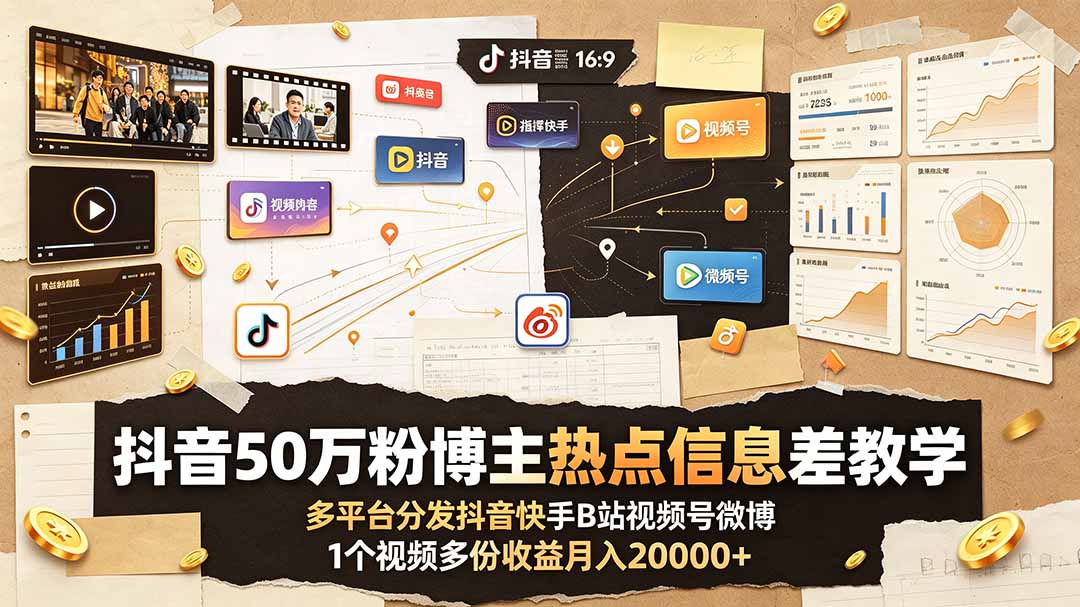 抖音50万粉博主热点信息差教学：多平台分发抖音快手B站视频号微博，1个视频多份收益月入20000+-资源后花园