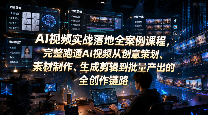 AI视频实战落地全案例课程，完整跑通AI视频从创意策划、素材制作、生成剪辑到批量产出的全创作链路-资源后花园