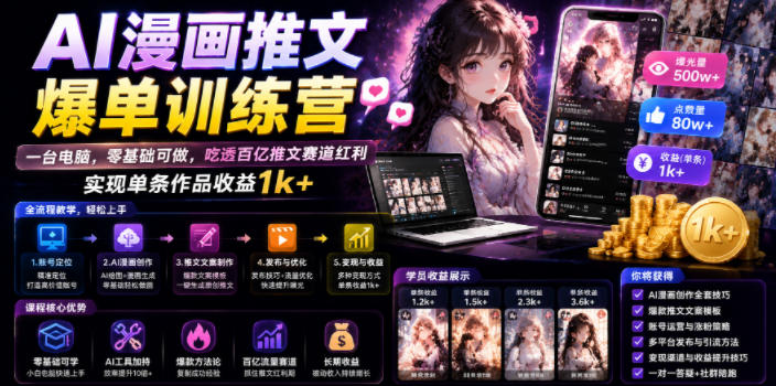 AI漫画推文爆单训练营，一台电脑，零基础可做，吃透百亿推文赛道红利，实现单条作品收益1k+-资源后花园