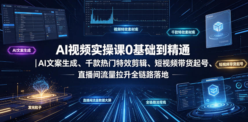 AI视频实操课0基础到精通｜AI文案生成、千款热门特效剪辑、短视频带货起号、直播间流量拉升全链路落地-资源后花园