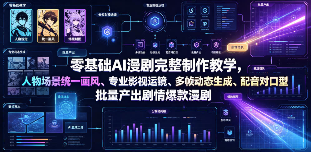 零基础AI漫剧完整制作教学，人物场景统一画风、专业影视运镜、多帧动态生成、配音对口型，批量产出剧情爆款漫剧-资源后花园