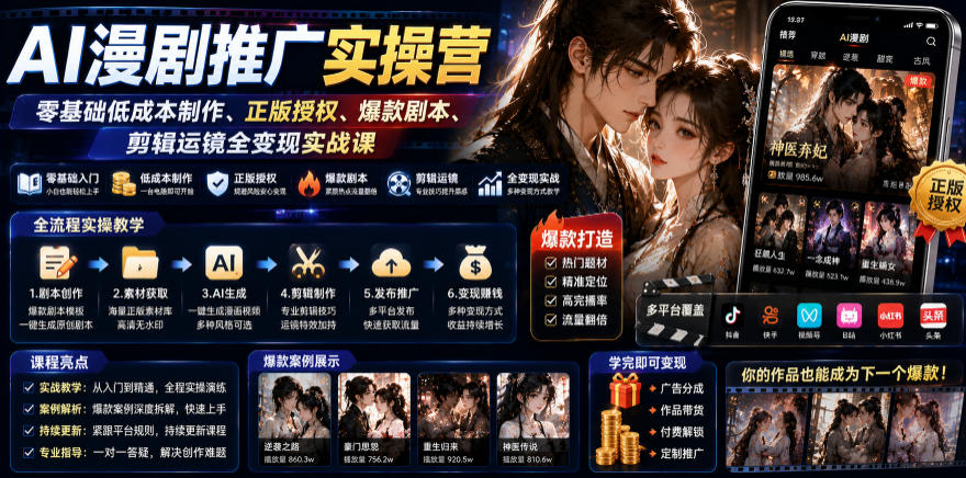 AI漫剧推广实操营｜零基础低成本制作、正版授权、爆款剧本、剪辑运镜全变现实战课-资源后花园