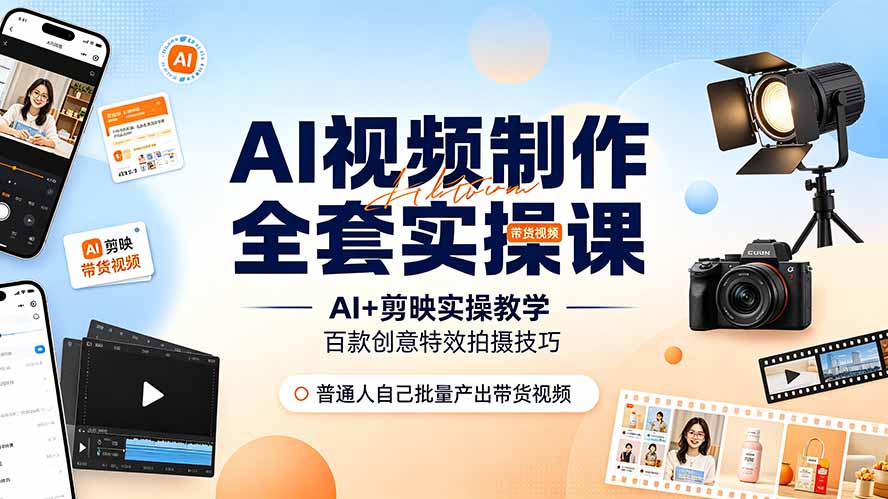 AI视频制作全套实操课，多款AI工具搭配剪映教学，百种特效运镜拍摄实操，抖音账号带货运营全覆盖-资源后花园