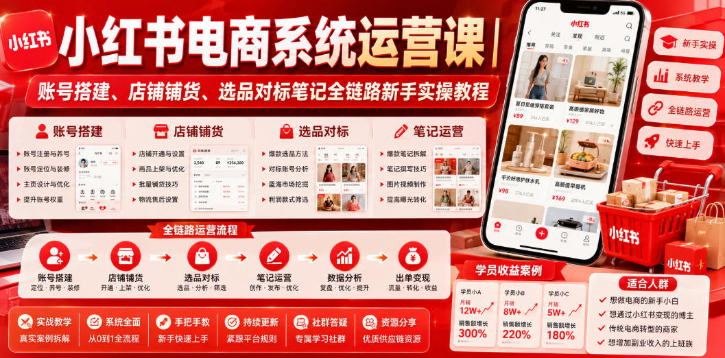 小红书电商系统运营课｜账号搭建、店铺铺货、选品对标笔记全链路新手实操教程-资源后花园
