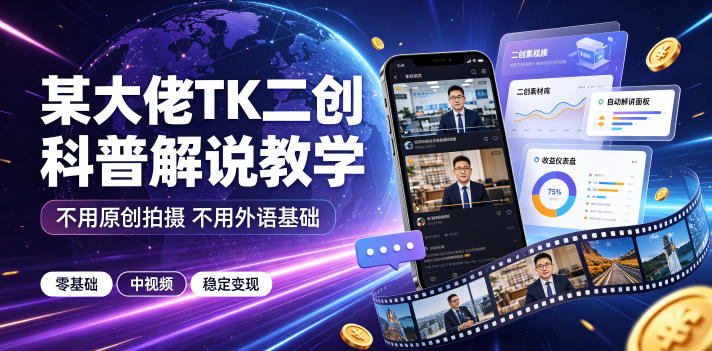 某大佬TK二创科普解说教学，不用原创拍摄不用外语基础，零基础做TikTok中视频稳定变现-资源后花园