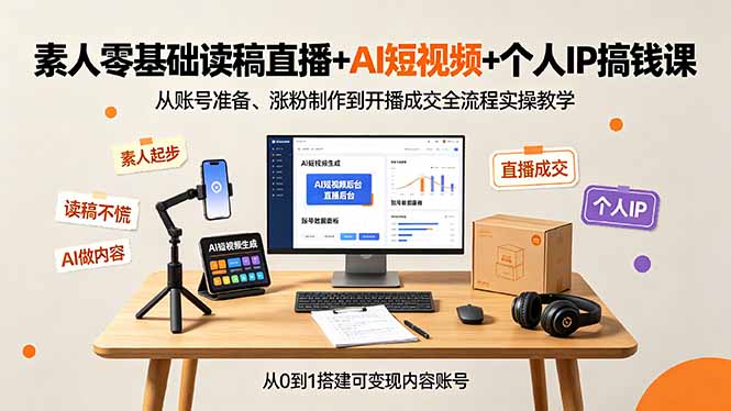 素人零基础读稿直播+AI短视频+个人IP搞钱课，从账号准备、涨粉制作到开播成交全流程实操教学-资源后花园