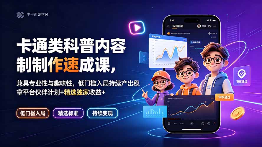 卡通类科普内容制作速成课，兼具专业性与趣味性，低门槛入局持续产出稳拿平台伙伴计划+精选独家收益-资源后花园