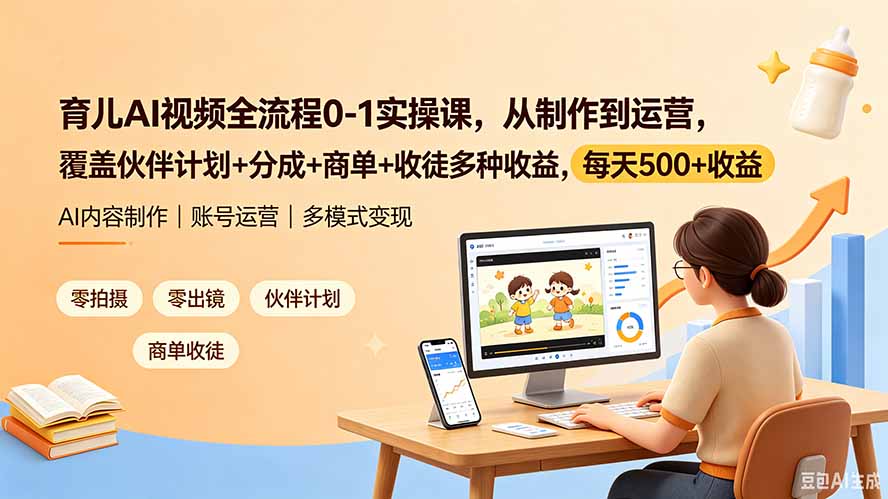 育儿AI视频全流程0-1实操课，从制作到运营，覆盖伙伴计划+分成+商单+收徒多种收益，每天500+收益-资源后花园