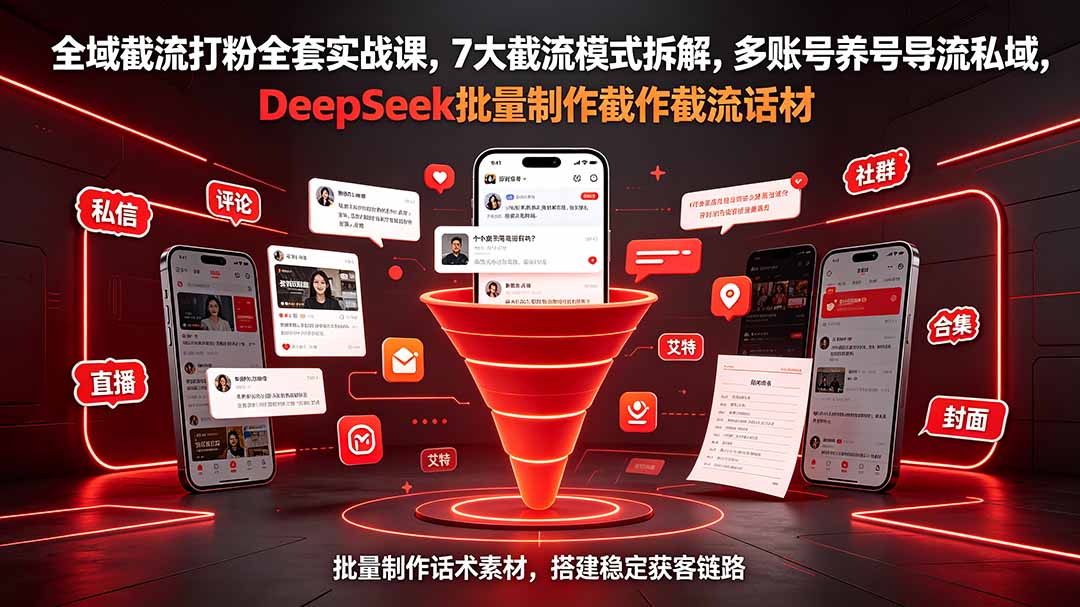 全域截流打粉全套实战课，7大截流模式拆解，多账号养号导流私域，DeepSeek批量制作截流话术素材-资源后花园