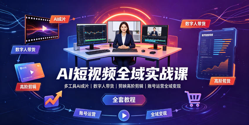 AI短视频全域实战课｜多工具AI成片、数字人带货、剪映高阶剪辑、账号运营全域变现全套教程-资源后花园