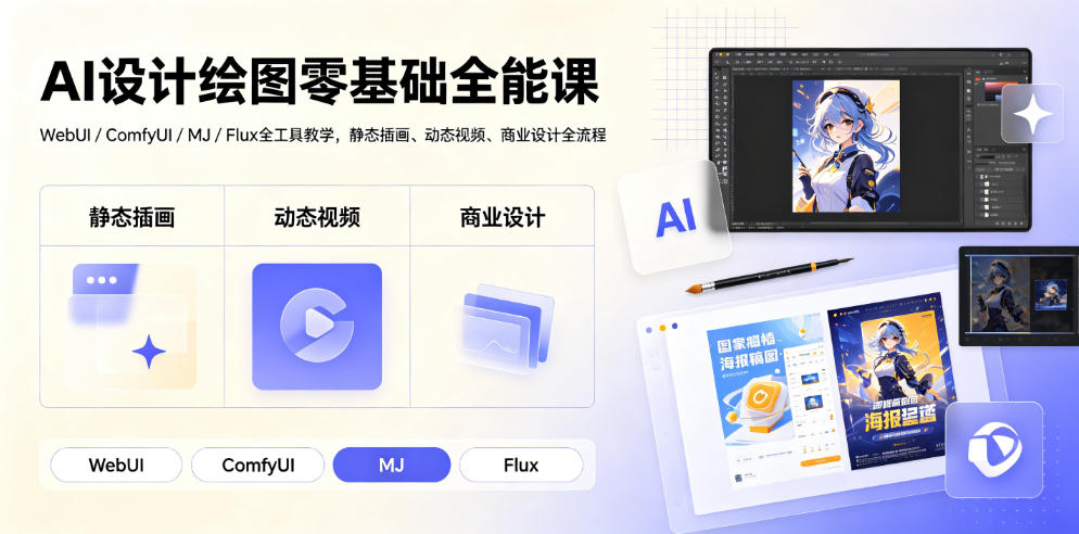 AI设计绘图零基础全能课｜WebUI/ComfyUI/MJ/Flux全工具教学，静态插画、动态视频、商业设计全流程-资源后花园
