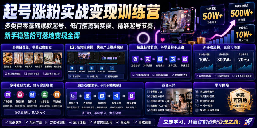 苗子起号涨粉实战变现训练营，多类目零基础爆款起号、精准起号节奏、新手稳涨粉可落地变现全课-资源后花园