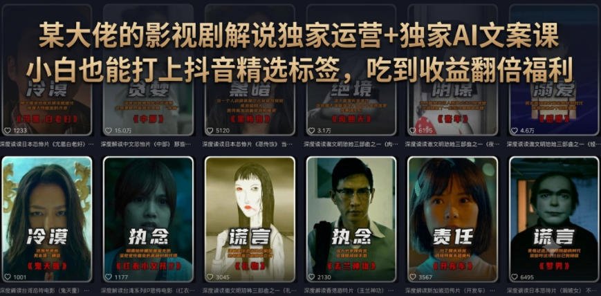 某大佬的影视剧解说独家运营+独家AI文案课，小白0粉丝也能快速打上抖音精选标签、吃到收益翻倍福利-资源后花园