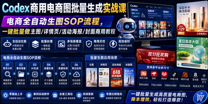 Codex商用电商图批量生成实战课｜电商全自动生图SOP流程，一键批量做主图/详情页/活动海报/封面商用教程-资源后花园