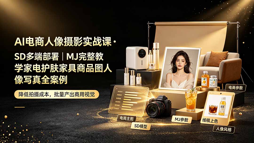 AI电商人像摄影实战课·SD多端部署｜MJ完整教学｜家电护肤家具商品图人像写真全案例-资源后花园