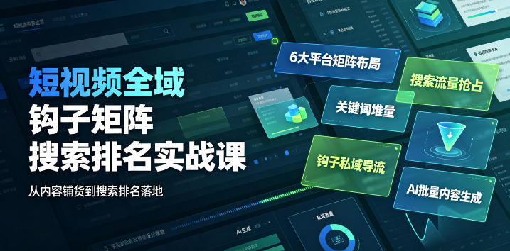 短视频全域钩子矩阵搜索排名实战课|6大平台矩阵布局、关键词堆量抢占搜索流量、钩子私域导流、AI批量内容生成-资源后花园