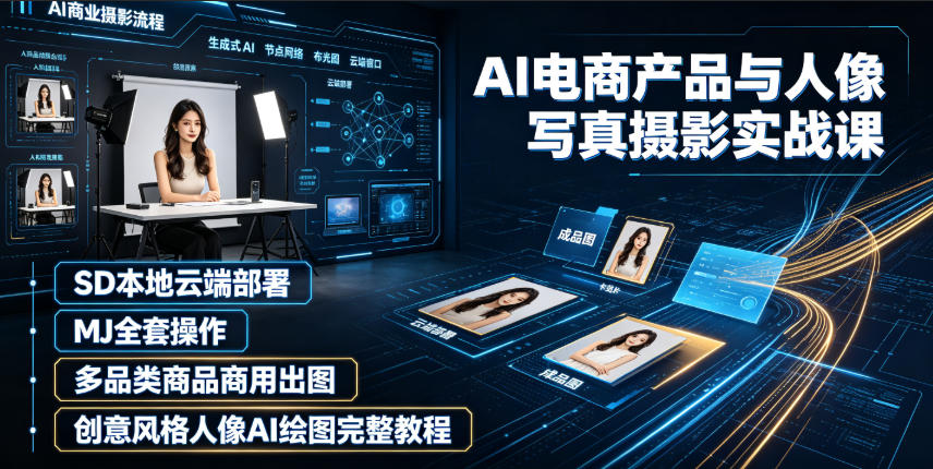 AI电商产品与人像写真摄影实战课｜SD本地云端部署、MJ全套操作、多品类商品商用出图、创意风格人像AI绘图完整教程-资源后花园