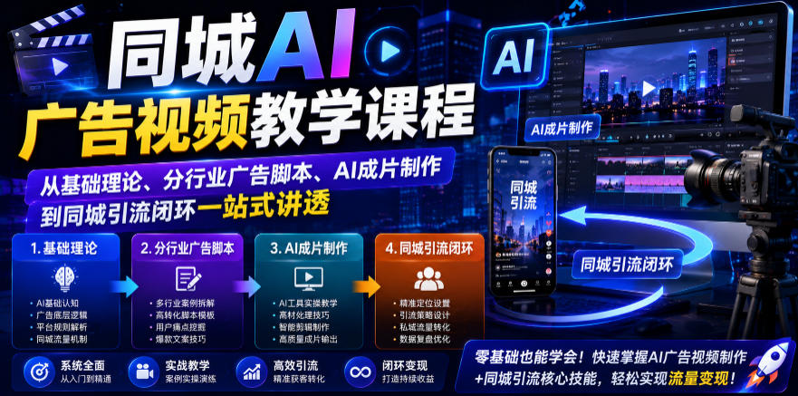 同城AI广告视频教学课程，从基础理论、分行业广告脚本、AI成片制作到同城引流闭环一站式讲透-资源后花园