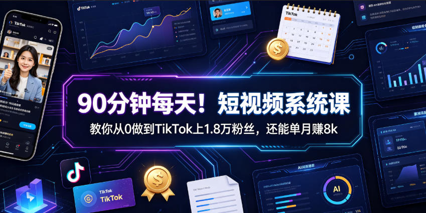 90分钟每天！短视频系统课教你从0做到TikTok上1.8万粉丝，还能单月賺8k【原创双语字幕】-资源后花园