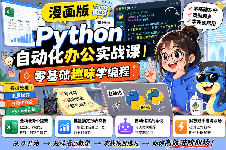漫画版Python自动化办公实战课｜零基础趣味学编程，全场景办公提效、批量搞定报表文档、解放双手进阶职场-资源后花园