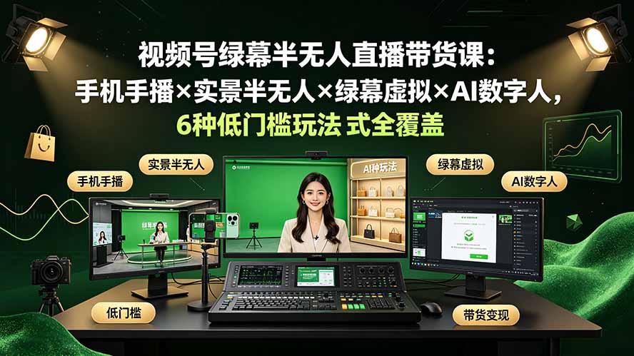 视频号绿幕半无人直播带货课：手机手播×实景半无人×绿幕虚拟×AI数字人，6种低门槛玩法全覆盖-资源后花园