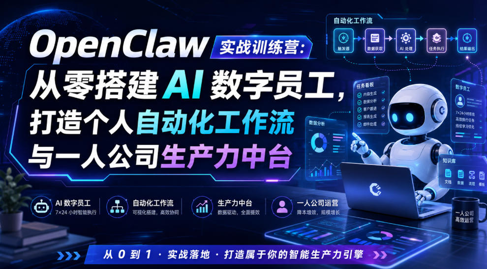 OpenClaw实战训练营:从零搭建AI数字员工,打造个人自动化工作流与一人公司生产力中台-资源后花园