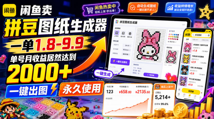 闲鱼卖拼豆图纸生成器，一单1.8-9.9，单号月收益居然达到2000+一键出图永久使用-资源后花园