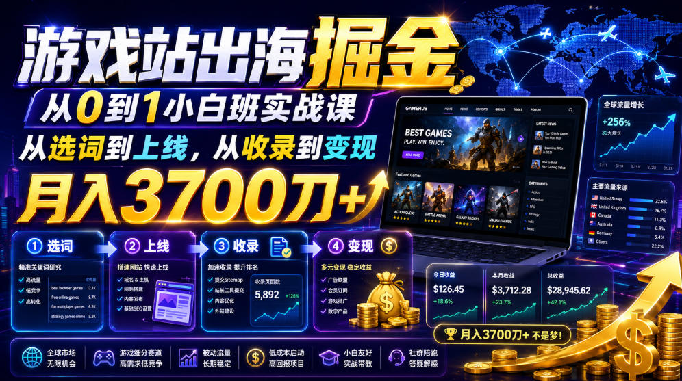 游戏站出海掘金从0到1小白实战课，从选词到上线，从收录到变现，月入3700刀+-资源后花园
