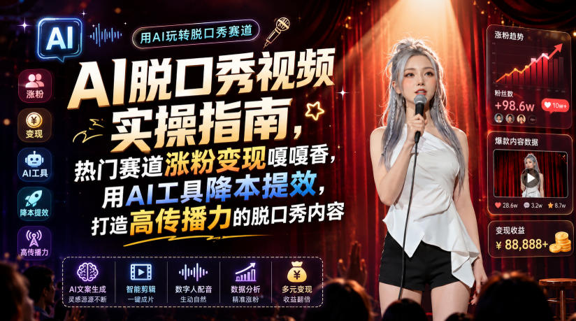 AI脱口秀视频实操指南，热门赛道涨粉变现嘎嘎香，用AI工具降本提效，打造高传播力的脱口秀内容-资源后花园
