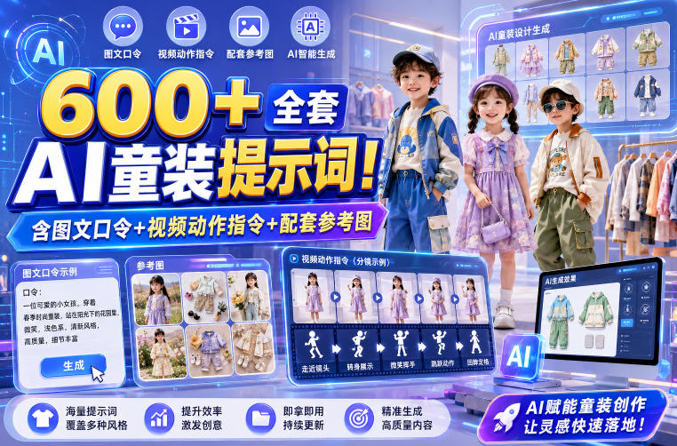 600+全套AI童装提示词！含图文口令+视频动作指令+配套参考图，Word-Excel规整分类，童装电商、种草无脑量产内容！-资源后花园
