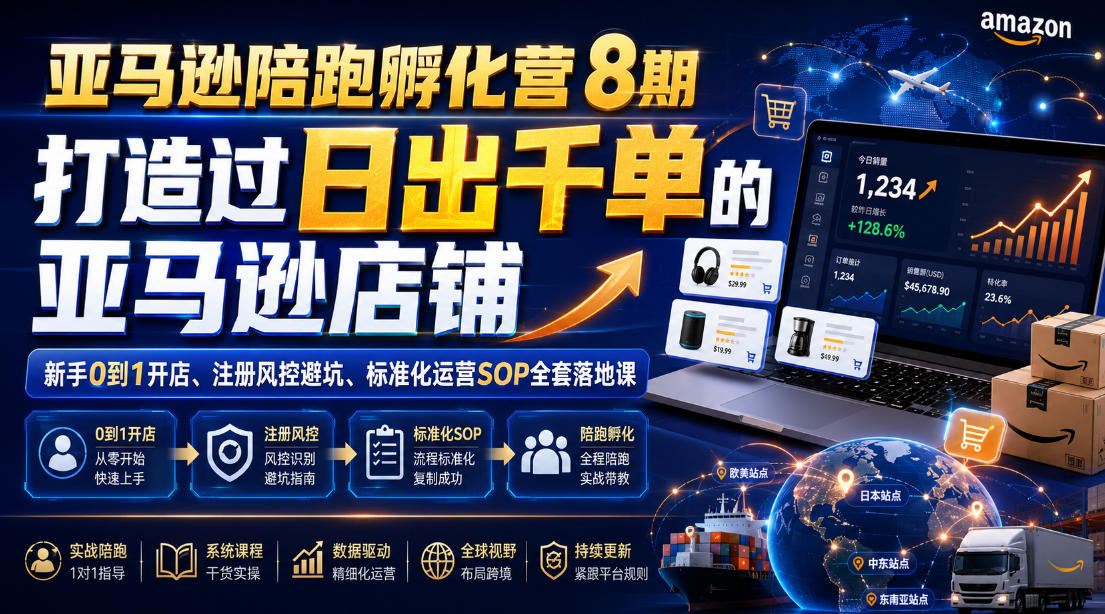 亚马逊陪跑孵化营8期，打造过日出千单的亚马逊店铺，新手0到1开店、注册风控避坑、标准化运营SOP全套落地课-资源后花园