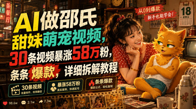 AI做邵氏甜妹萌宠视频，30条视频暴涨58万粉，条条爆款，详细拆解教程-资源后花园