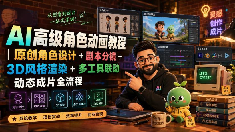 AI高级角色动画教程｜原创角色设计+剧本分镜+3D风格渲染+多工具联动动态成片全流程【中英字幕】-资源后花园
