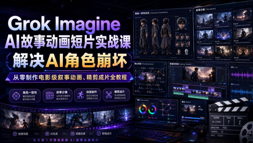 Grok Imagine AI故事动画短片实战课｜解决AI角色崩坏，从零制作电影级叙事动画、精剪成片全教程(中英字幕)-资源后花园