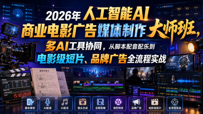 2026年人工智能AI商业电影广告媒体制作大师班，多AI工具协同，从脚本配音配乐到电影级短片、品牌广告全流程实战(中英字幕)-资源后花园