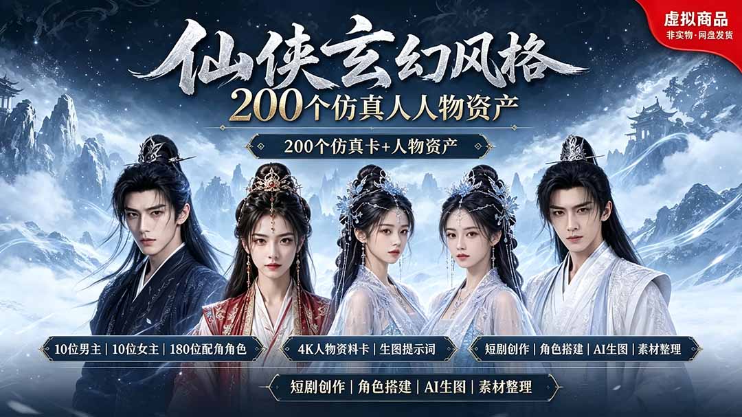 200个仙侠玄幻仿真人素材◆10男主×10女主×180配角，4K资料卡+AI生图提示词，漫剧必备-资源后花园